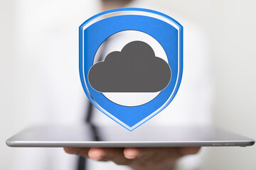 Poster - Image of a person holding a tablet showcasing secure cloud data protection.
