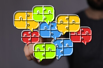 Poster - Colorful puzzle pieces in speech bubbles illustrate teamwork, communication, and problem-solving.