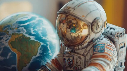Poster - A close-up of a toy astronaut holding a globe, ideal for illustrations, educational materials or toy-themed projects