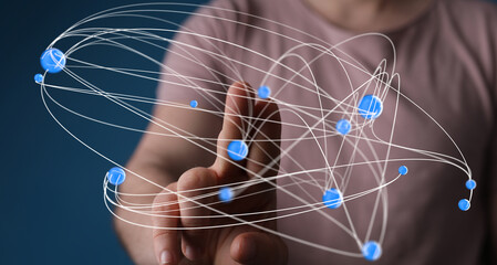 Fototapete - Abstract image of a hand interacting with a digital network, representing connection and communication.
