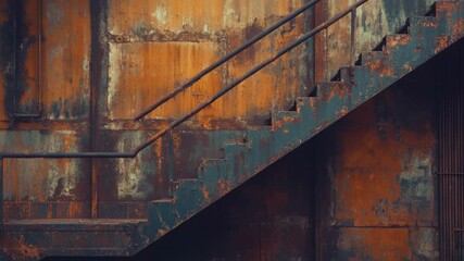 Poster - Abandoned structure with corroded exterior and metal stairs leading to unknown floors