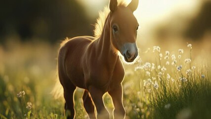 Poster - A brown horse gallops through a field of tall grass, its mane and tail flowing in the wind