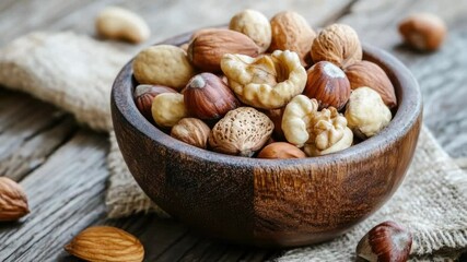 Poster - A wooden bowl filled with various types of nuts on a table