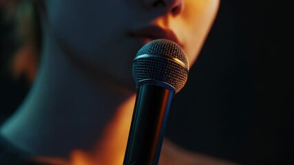 Poster - Close-up of a person grasping a microphone for public speaking or performance, can be used as a concept image for music, education, or media