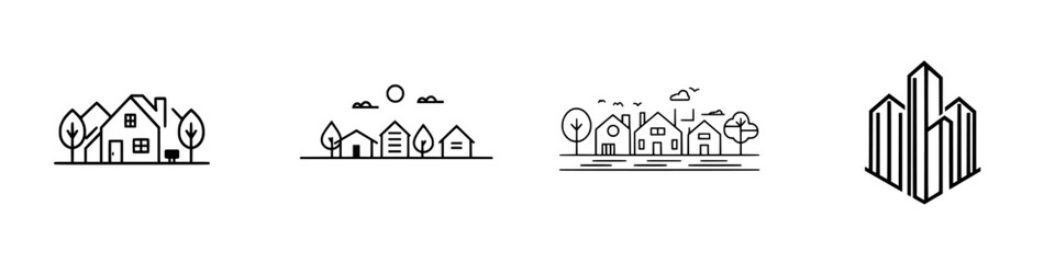 Poster - Icon set featuring minimalistic house and building designs with nature elements, showcasing urban and rural life styles