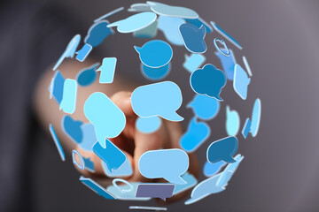 Poster - Seamless communication.  A network of interconnected speech bubbles symbolizes global dialogue and digital interaction.