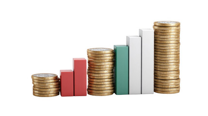 Poster - Gold coins stacked on a miniature staircase chart with red, green, and white steps, creating a visual representation of financial growth and progress on a transparent background