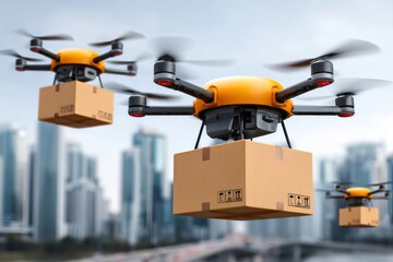 Aufkleber - Delivery drones carrying packages flying over modern city