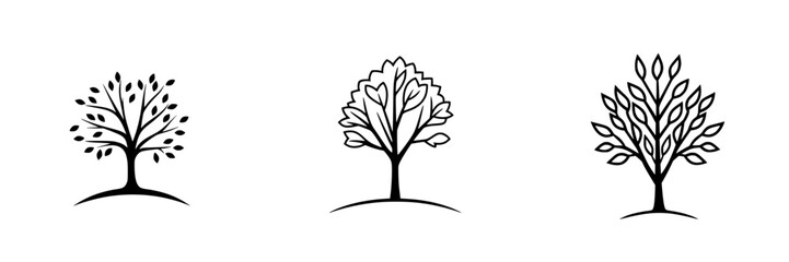 Poster - Icon set featuring three distinct tree designs in simple black and white style, perfect for nature-themed projects
