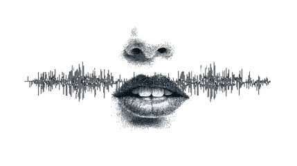 Poster - virtual assistant face speaking, represented by a mouth and sound waves, isolated on transparent bac