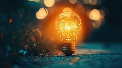 Poster - A single glow light bulb rests on the ground, emitting a soft warm light