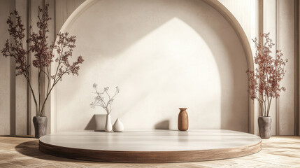 Podium display with plants and vases on white background on transparent background
