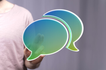 Poster - abstract image of a person interacting with digital speech bubbles, symbolizing communication, conve