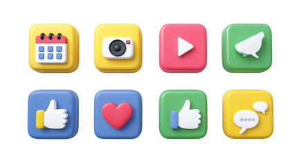 Poster - Colorful set of 3d icons representing various social media and app functions, including calendar, camera, play button, message, like and heart symbols, on a transparent background