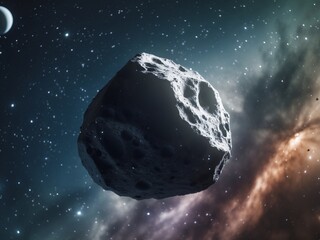 lonely asteroid drifting in the vast expanse of space, against a starry backdrop.