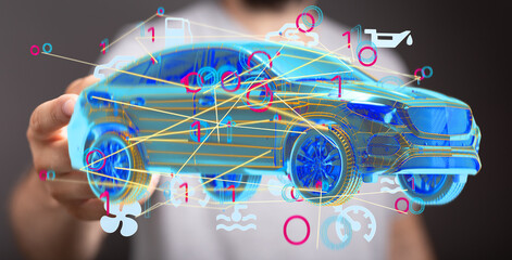 Poster - 3D digital car model showcasing interactive diagnostic data.  Ideal for automotive technology, repair, and IoT concepts.
