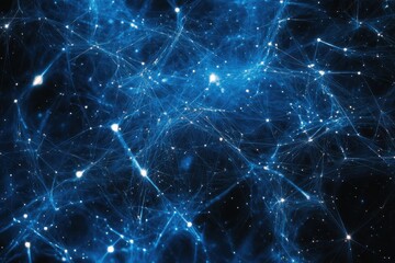Fototapete - A glowing, blue network of lines and points against a dark background. It symbolizes connections, technology, or the vastness of the universe.