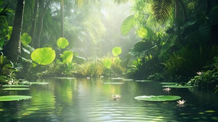 Poster - A serene pond scene featuring water lilies and palm trees in the background, great for nature or travel use