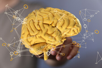 Aufkleber - 3D rendering of a golden brain with interconnected nodes, representing neural networks and AI.