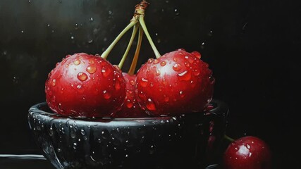 Poster - A still life image featuring three cherries in a dark-colored bowl