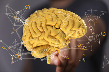 Aufkleber - 3D golden brain model.  Illustrates neural networks, connections, and cognitive processes.
