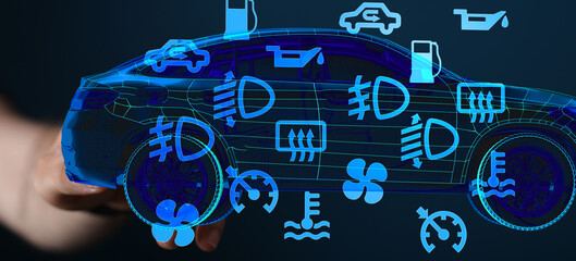 Poster - Stock photo of a digital car with illuminated warning lights and symbols. Perfect for automotive technology concepts.