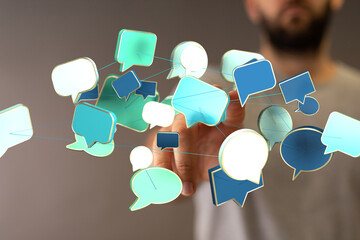 Poster - Abstract image of interconnected speech bubbles, representing global communication and networking.