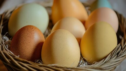 Poster - A basket filled with eggs sits on a table, waiting for use or display