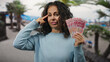 © Krakenimages.com - Middle-aged woman at seaside holding chinese yuan with a thoughtful gesture, symbolizing financial contemplation by the beach.