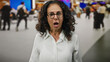 © Krakenimages.com - Hispanic woman with curly hair in an airport terminal listening with surprise, surrounded by blurred travelers and colorful displays, capturing an expression of wonder.