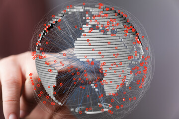Poster - stock photo of a 3d digital globe showing interconnected data points, illustrating global networking