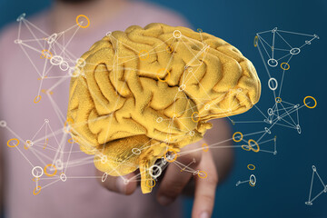 Aufkleber - 3D golden brain model with glowing neural network connections.  Ideal for AI, neuroscience, and technology concepts.