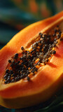 Closeup of ripe papaya with black seeds in macro detail