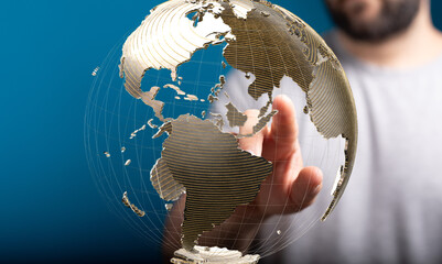 Aufkleber - High-quality stock photo of a person interacting with a digital globe, representing global business and networking.