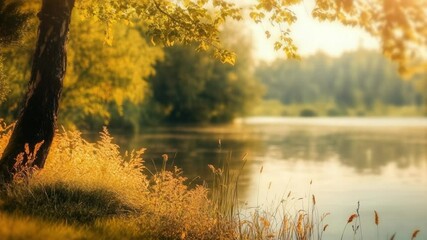 Poster - A serene lake surrounded by tall grass and trees