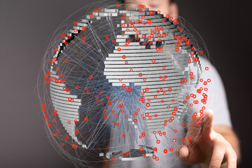 Fototapete - 3D model of Earth showcasing interconnected data points, illustrating global communication and network infrastructure.