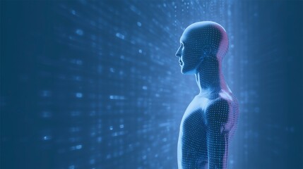 Poster - Futuristic digital human figure in profile, composed of glowing particles and data streams, representing technology, innovation, and the intersection of humanity and artificial intelligence