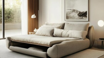 Poster - A couch with a built-in bed in a cozy living room setting