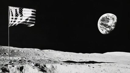 Poster - A flag stands proudly on the moon's surface, with the Earth visible in the distance, representing human achievement and exploration
