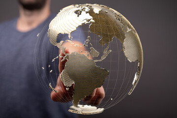 Poster - Person touching a digital holographic Earth. Global business, technology, and connection concept.