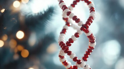 Poster - A festive red and white beaded necklace hangs from a Christmas tree
