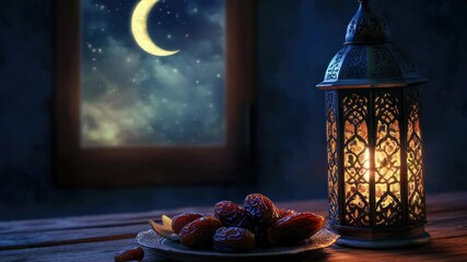 Poster - A plate of fresh dates placed next to a lantern on a table, perfect for a cozy evening or romantic dinner