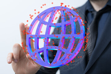 Poster - Image of a businessman interacting with a digital 3D globe, symbolizing global network connections and digital business.