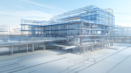 Poster - A cityscape with a lot of buildings and a lot of lines. The buildings are purple and the lines are blue