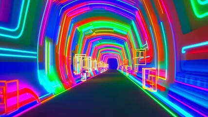 Poster - Abstract colorful tunnel with glowing light lines and vibrant rainbow patterns
