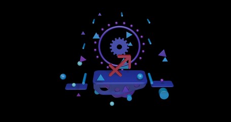 Poster - Red zodiac sagittarius symbol on a pedestal of abstract geometric shapes floating in the air. Abstract concept art with flying shapes in the center. 3d illustration on black background