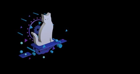Poster - White cat icon on a pedestal of abstract geometric shapes floating in the air. Abstract concept art with flying shapes on the left. 3d illustration on black background