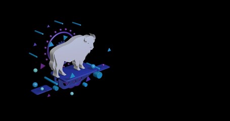 Poster - White buffalo symbol on a pedestal of abstract geometric shapes floating in the air. Abstract concept art with flying shapes on the left. 3d illustration on black background