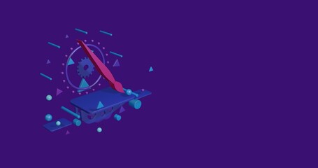 Poster - Pink artistic brush symbol on a pedestal of abstract geometric shapes floating in the air. Abstract concept art with flying shapes on the left. 3d illustration on deep purple background