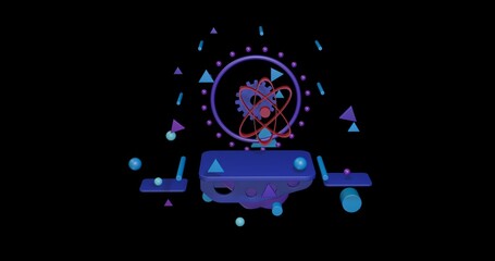 Poster - Red atomic symbol on a pedestal of abstract geometric shapes floating in the air. Abstract concept art with flying shapes in the center. 3d illustration on black background